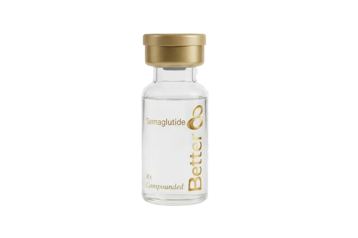 Vial labeled 'Semaglutide' with 'Better Co' branding on a transparent background