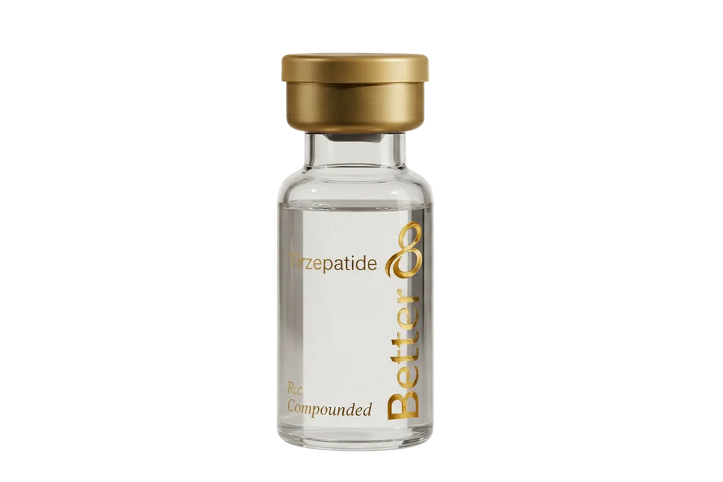 Vial labeled 'Tirzepatide' by 'Better Co.' on a transparent background