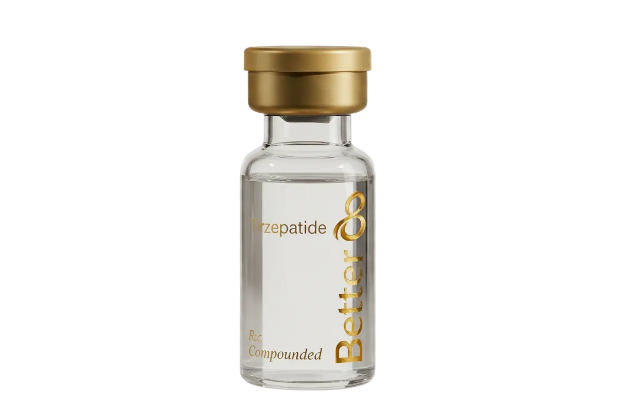 Vial labeled 'Tirzepatide' by 'Better Co.' on a transparent background